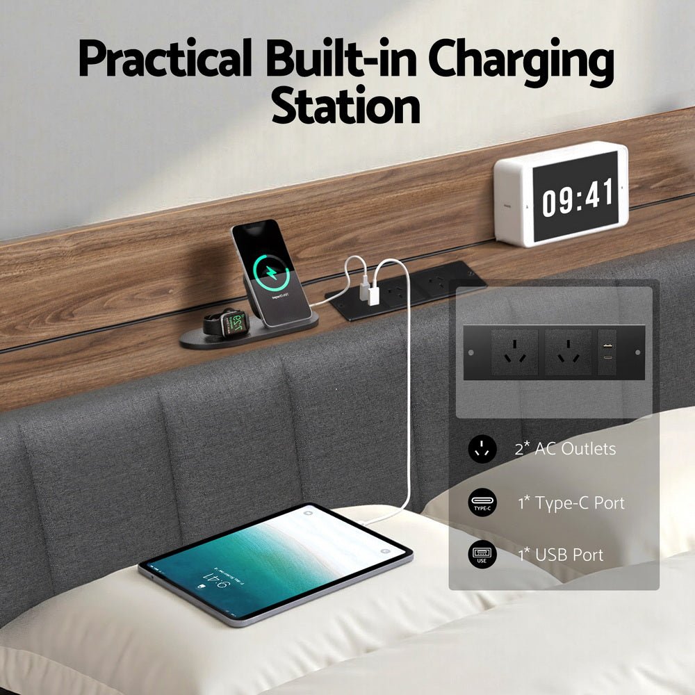 Metal Bed Frame Double Size with 2 - Tier Hidden Storage with Charging Station - Furniture > Bedroom > Beds & Bed Frames - Rivercity House & Home Co. (ABN 18 642 972 209) - Affordable Modern Furniture Australia