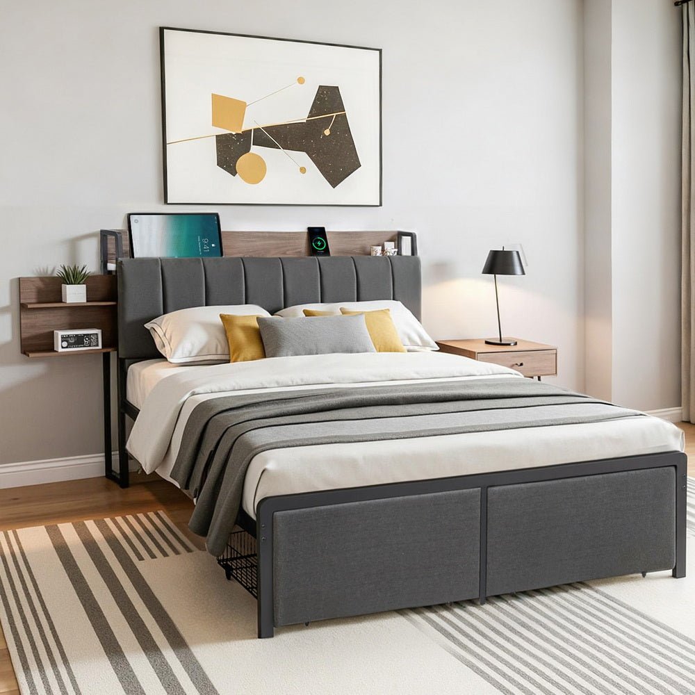 Metal Bed Frame Double Size with 2 - Tier Hidden Storage with Charging Station - Furniture > Bedroom > Beds & Bed Frames - Rivercity House & Home Co. (ABN 18 642 972 209) - Affordable Modern Furniture Australia