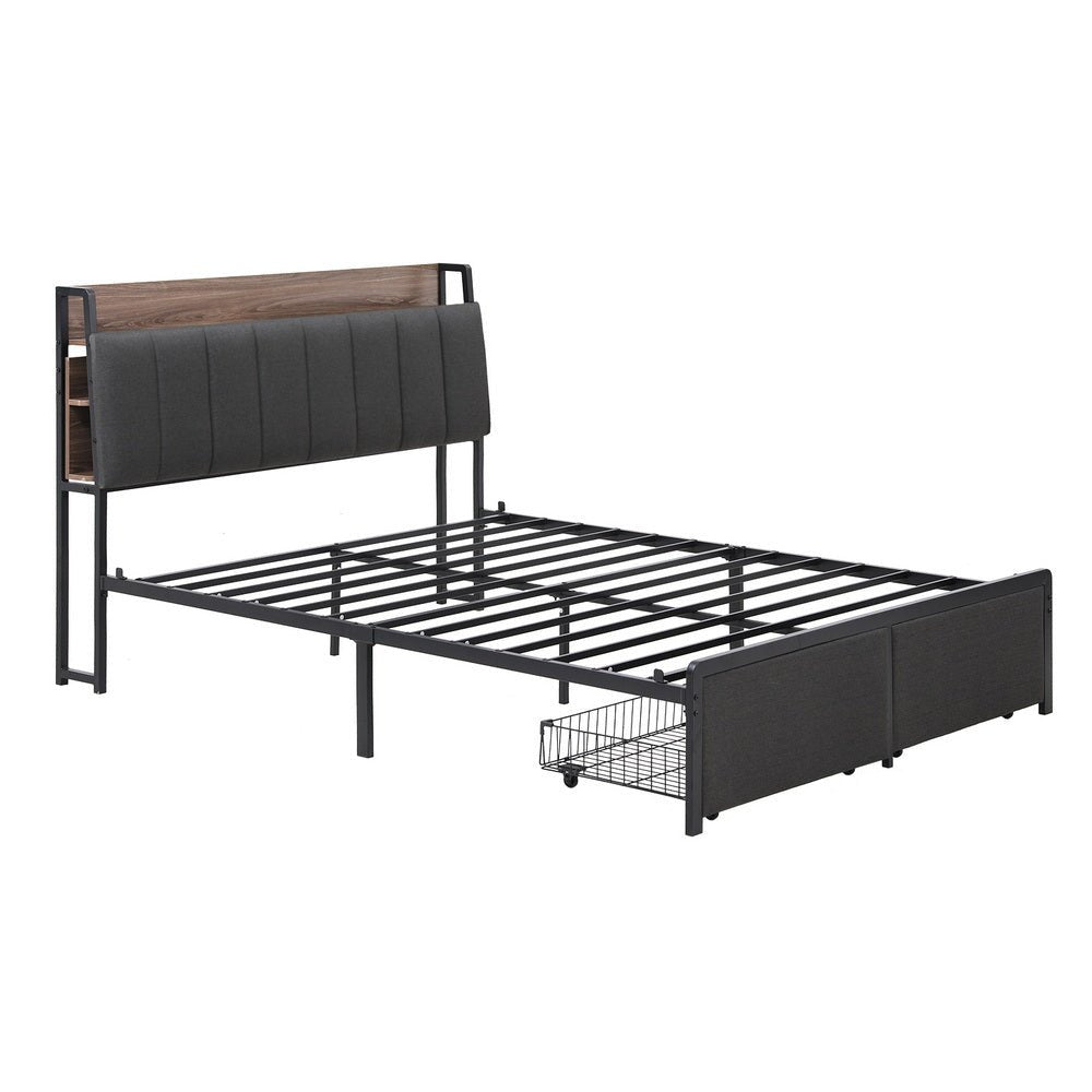 Metal Bed Frame Double Size with 2 - Tier Hidden Storage with Charging Station - Furniture > Bedroom > Beds & Bed Frames - Rivercity House & Home Co. (ABN 18 642 972 209) - Affordable Modern Furniture Australia