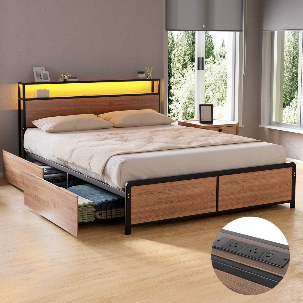Metal Bed Frame Double Size with 2 - Tier Storage Headboard Metal Platform with 4 Storage Drawers Built in Charging Station & LED Noise - Free/Metal Support/No Box Spring Needed Vintage Brown - Furniture > Bedroom > Beds & Bed Frames - Rivercity House & Home Co. (ABN 18 642 972 209) - Affordable Modern Furniture Australia