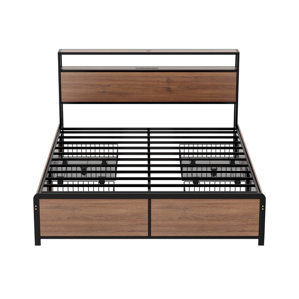 Metal Bed Frame Double Size with 2 - Tier Storage Headboard Metal Platform with 4 Storage Drawers Built in Charging Station & LED Noise - Free/Metal Support/No Box Spring Needed Vintage Brown - Furniture > Bedroom > Beds & Bed Frames - Rivercity House & Home Co. (ABN 18 642 972 209) - Affordable Modern Furniture Australia