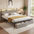 Metal Bed Frame King Size LED Charging Station 2 Drawers
