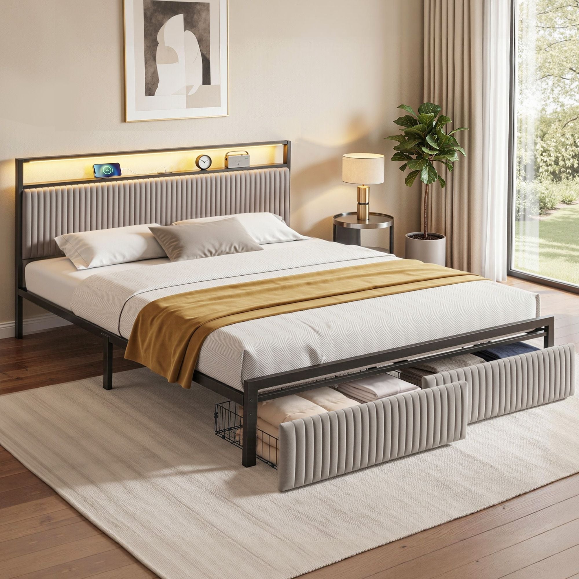 Metal Bed Frame King Size LED Charging Station 2 Drawers - Furniture > Bedroom > Beds & Bed Frames - Rivercity House & Home Co. (ABN 18 642 972 209) - Affordable Modern Furniture Australia