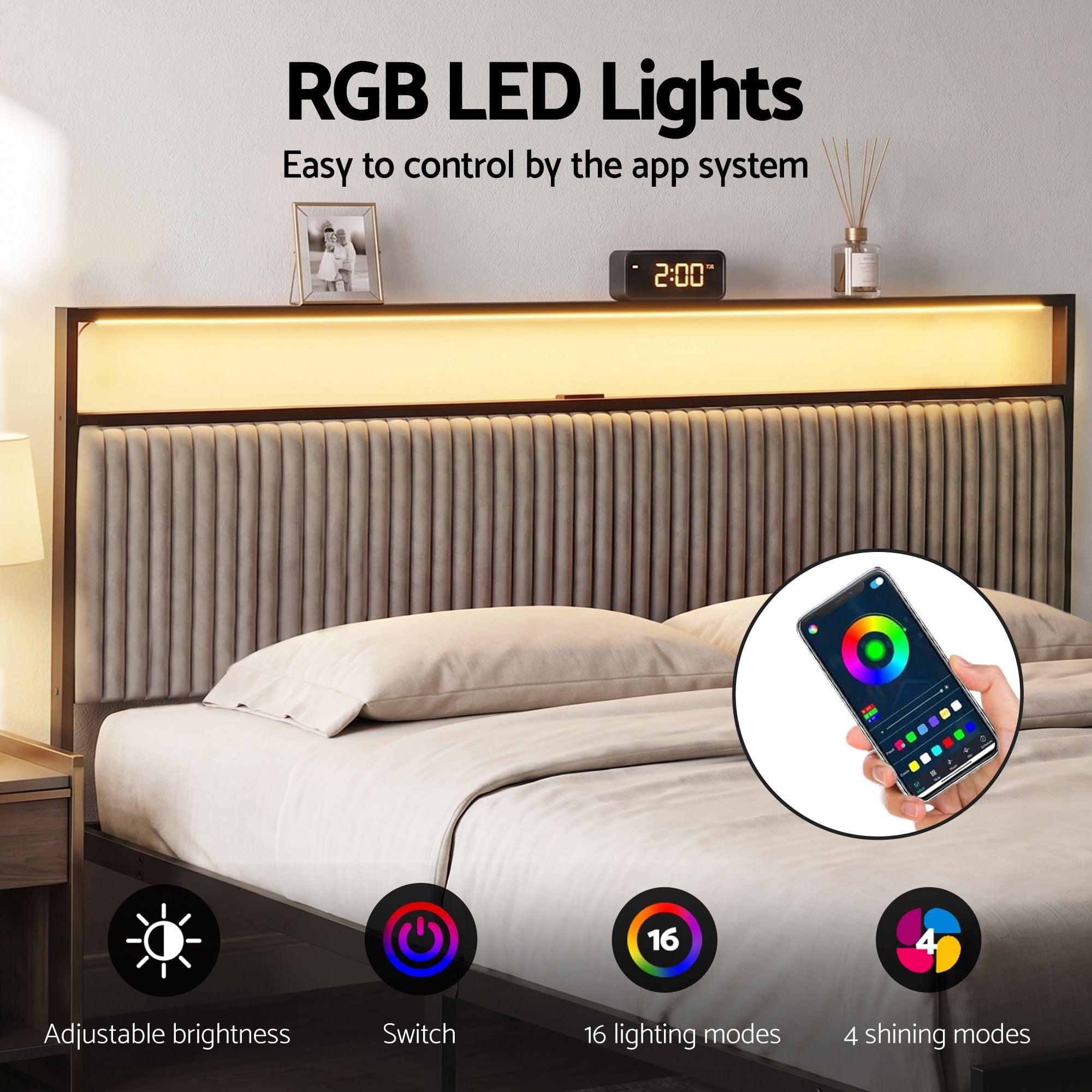 Metal Bed Frame King Size LED Charging Station 2 Drawers - Furniture > Bedroom > Beds & Bed Frames - Rivercity House & Home Co. (ABN 18 642 972 209) - Affordable Modern Furniture Australia