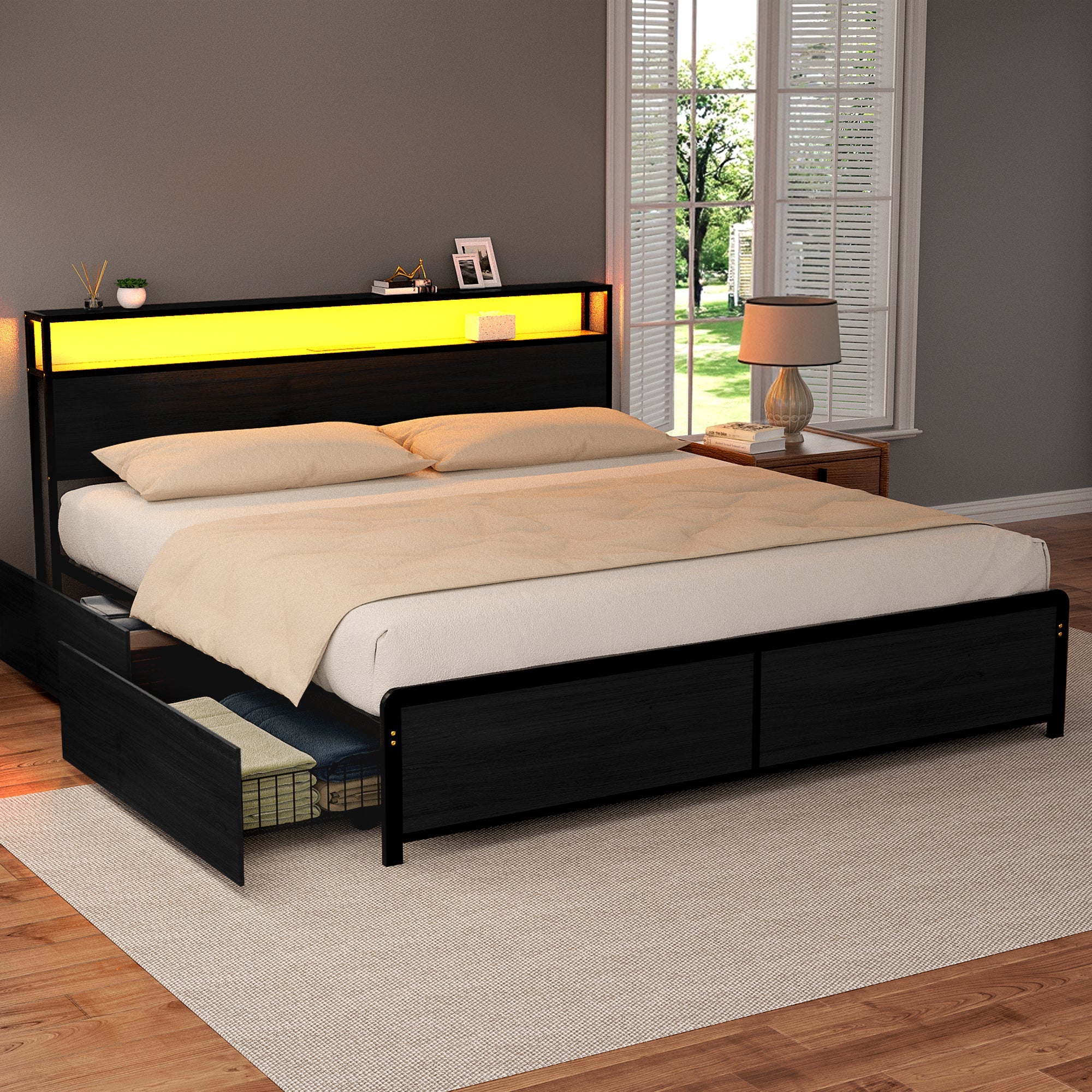 Metal Bed Frame King Size Storage Headboard Charge Station LED 4 Drawers - Furniture > Bedroom > Beds & Bed Frames - Rivercity House & Home Co. (ABN 18 642 972 209) - Affordable Modern Furniture Australia