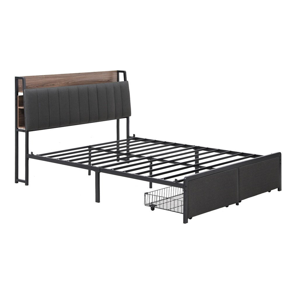 Metal Bed Frame King Size with 2 - Tier Hidden Storage with Charging Station - Furniture > Bedroom > Beds & Bed Frames - Rivercity House & Home Co. (ABN 18 642 972 209) - Affordable Modern Furniture Australia