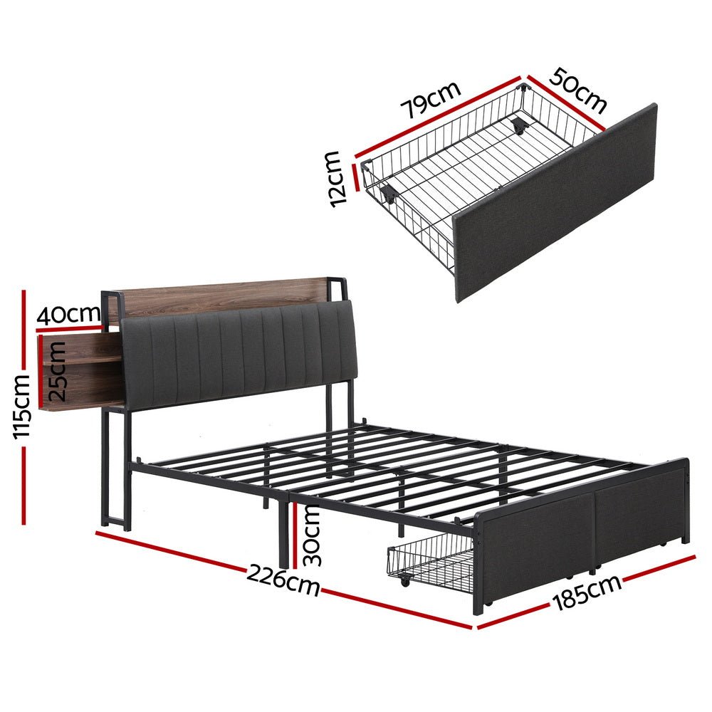 Metal Bed Frame King Size with 2 - Tier Hidden Storage with Charging Station - Furniture > Bedroom > Beds & Bed Frames - Rivercity House & Home Co. (ABN 18 642 972 209) - Affordable Modern Furniture Australia