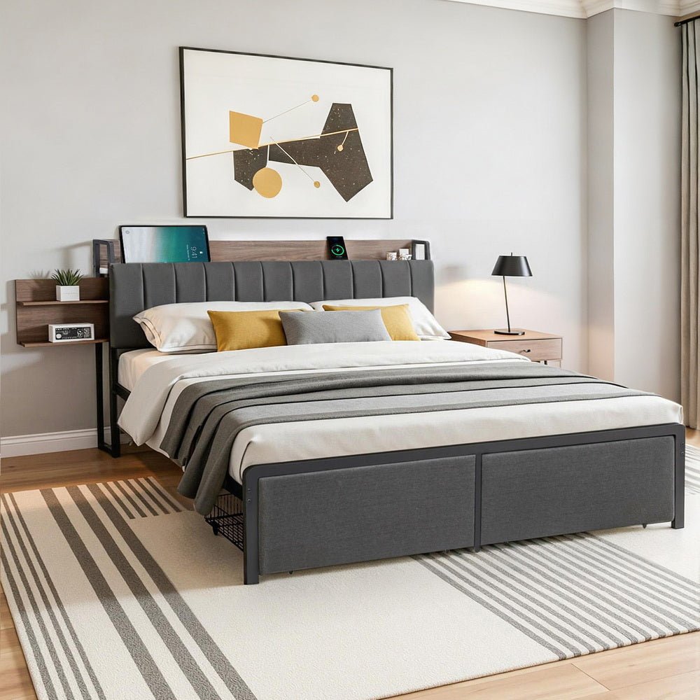 Metal Bed Frame King Size with 2 - Tier Hidden Storage with Charging Station - Furniture > Bedroom > Beds & Bed Frames - Rivercity House & Home Co. (ABN 18 642 972 209) - Affordable Modern Furniture Australia
