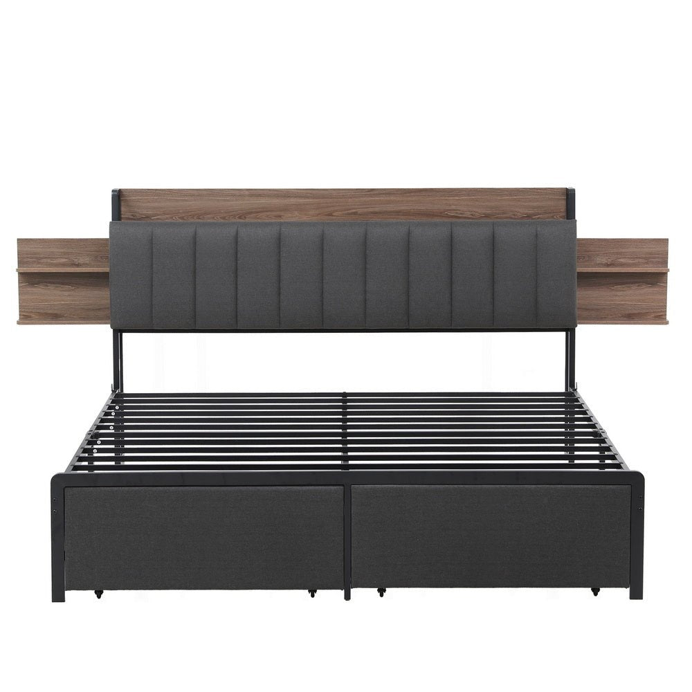 Metal Bed Frame King Size with 2 - Tier Hidden Storage with Charging Station - Furniture > Bedroom > Beds & Bed Frames - Rivercity House & Home Co. (ABN 18 642 972 209) - Affordable Modern Furniture Australia