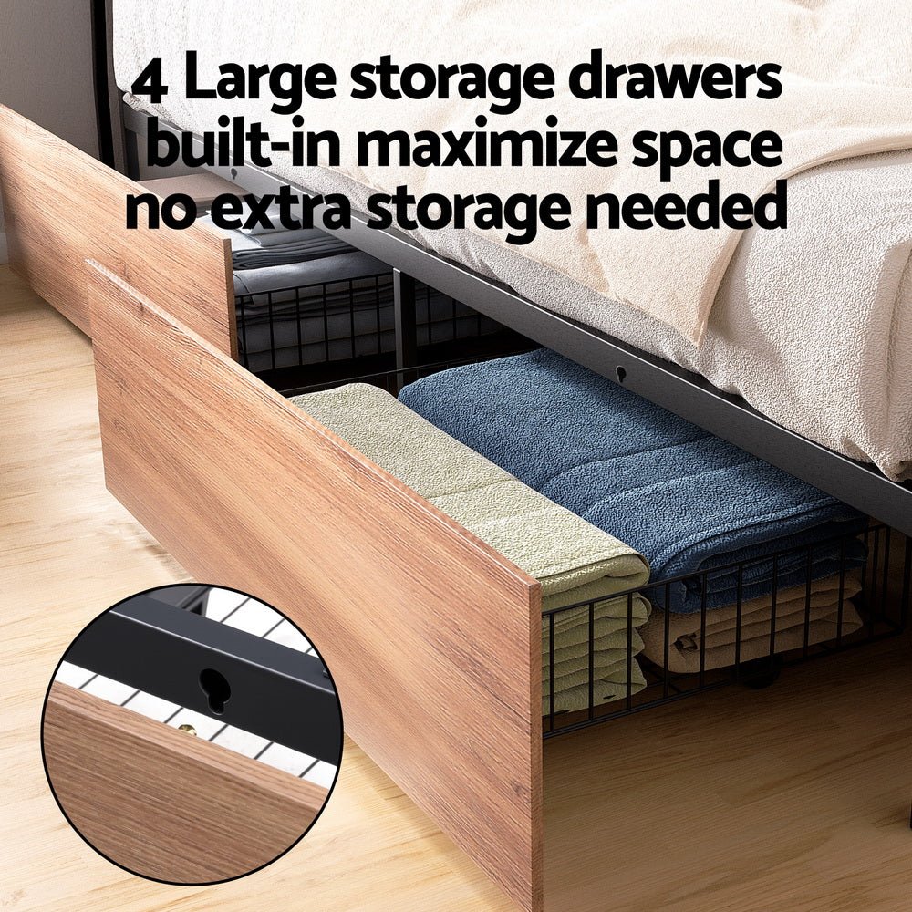 Metal Bed Frame King Size with 2 - Tier Storage Headboard Metal Platform with 4 Storage Drawers Built in Charging Station & LED Noise - Free/Metal Support/No Box Spring Needed Vintage Brown - Furniture > Bedroom > Beds & Bed Frames - Rivercity House & Home Co. (ABN 18 642 972 209) - Affordable Modern Furniture Australia