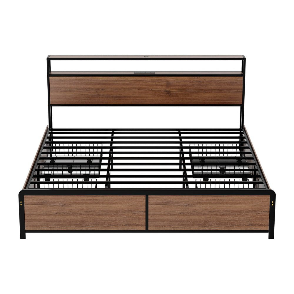 Metal Bed Frame King Size with 2 - Tier Storage Headboard Metal Platform with 4 Storage Drawers Built in Charging Station & LED Noise - Free/Metal Support/No Box Spring Needed Vintage Brown - Furniture > Bedroom > Beds & Bed Frames - Rivercity House & Home Co. (ABN 18 642 972 209) - Affordable Modern Furniture Australia