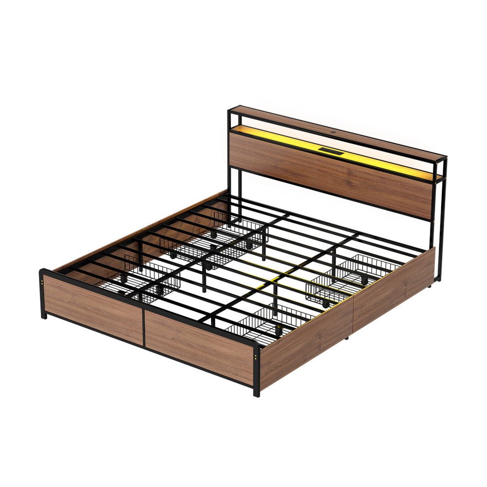 Metal Bed Frame King Size with 2 - Tier Storage Headboard Metal Platform with 4 Storage Drawers Built in Charging Station & LED Noise - Free/Metal Support/No Box Spring Needed Vintage Brown - Furniture > Bedroom > Beds & Bed Frames - Rivercity House & Home Co. (ABN 18 642 972 209) - Affordable Modern Furniture Australia