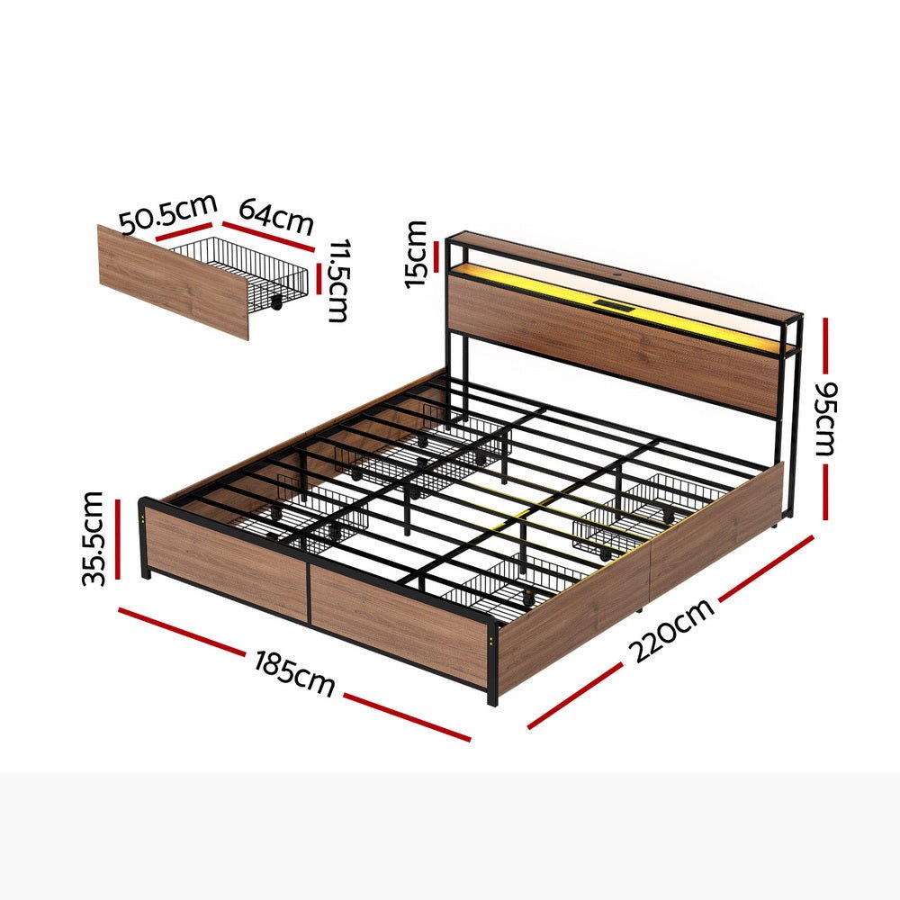 Metal Bed Frame King Size with 2 - Tier Storage Headboard Metal Platform with 4 Storage Drawers Built in Charging Station & LED Noise - Free/Metal Support/No Box Spring Needed Vintage Brown - Furniture > Bedroom > Beds & Bed Frames - Rivercity House & Home Co. (ABN 18 642 972 209) - Affordable Modern Furniture Australia