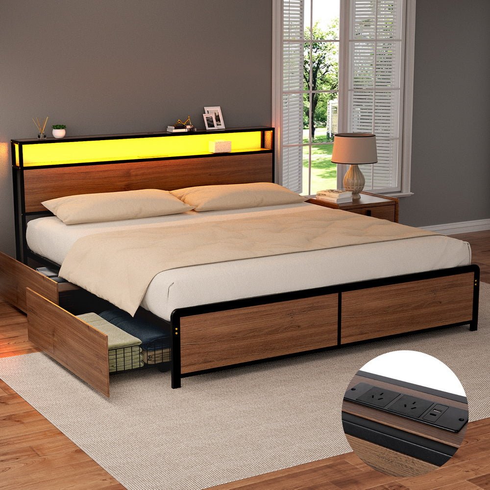 Metal Bed Frame King Size with 2 - Tier Storage Headboard Metal Platform with 4 Storage Drawers Built in Charging Station & LED Noise - Free/Metal Support/No Box Spring Needed Vintage Brown - Furniture > Bedroom > Beds & Bed Frames - Rivercity House & Home Co. (ABN 18 642 972 209) - Affordable Modern Furniture Australia
