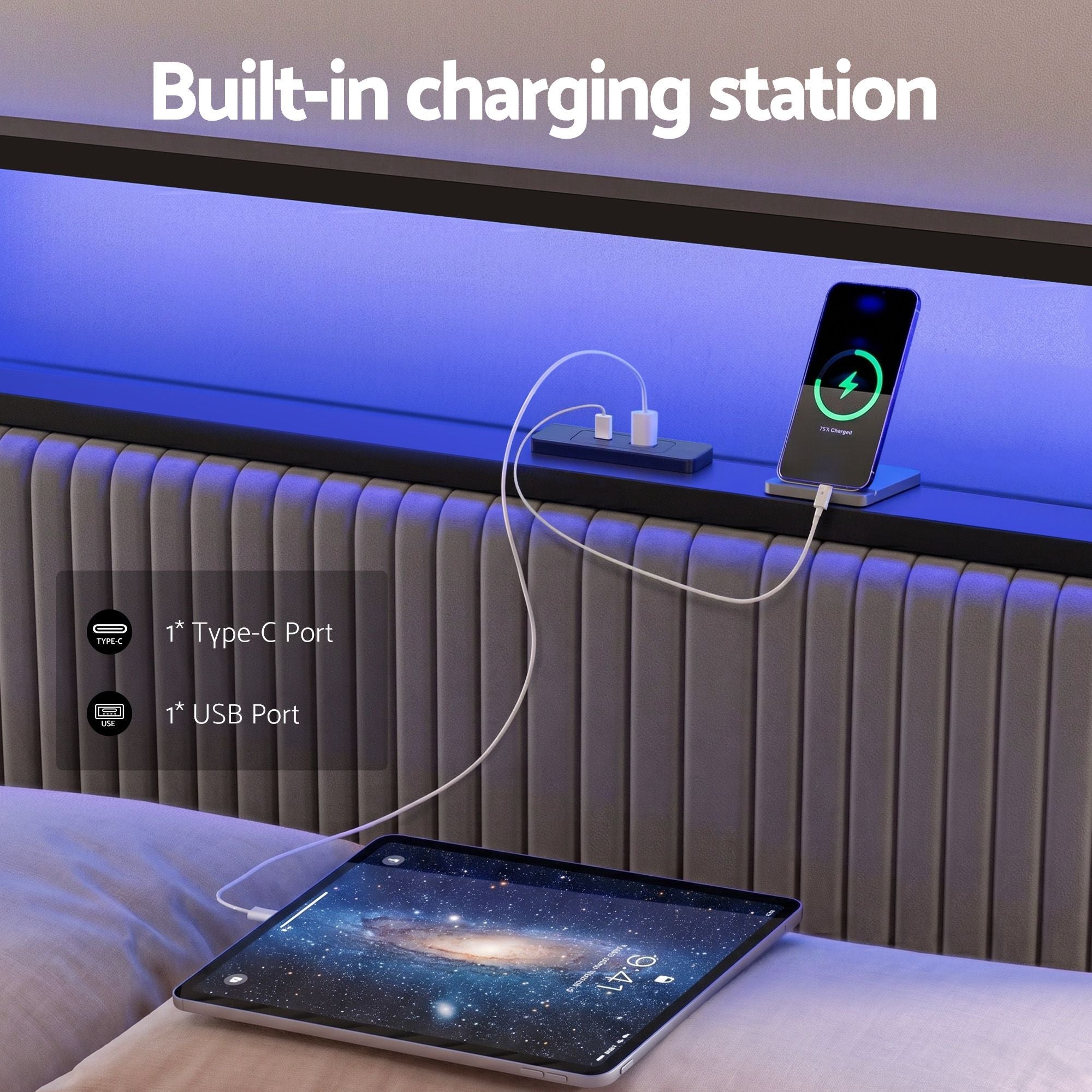 Metal Bed Frame Queen Size LED Charging Station 2 Drawers - Furniture > Bedroom > Beds & Bed Frames - Rivercity House & Home Co. (ABN 18 642 972 209) - Affordable Modern Furniture Australia