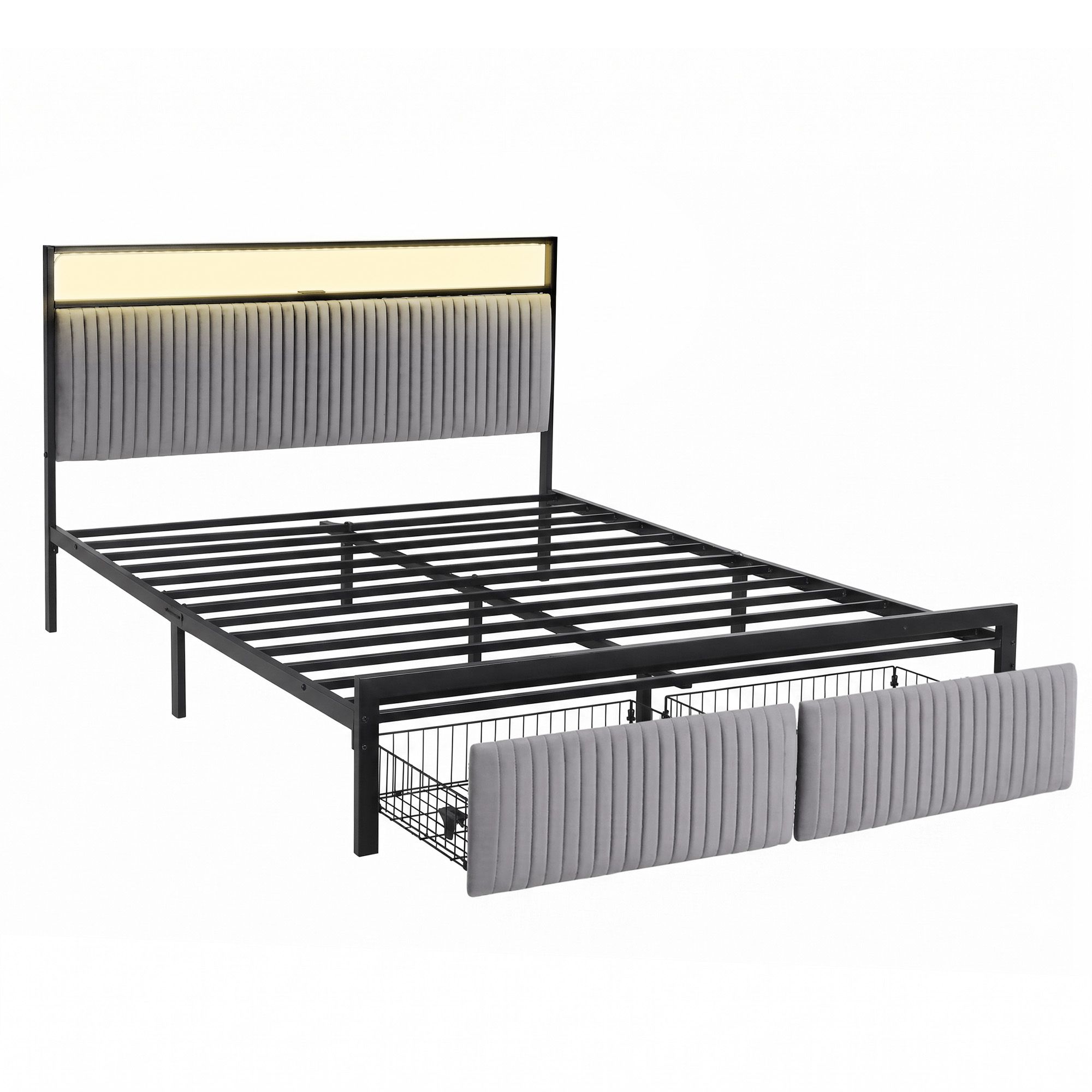Metal Bed Frame Queen Size LED Charging Station 2 Drawers - Furniture > Bedroom > Beds & Bed Frames - Rivercity House & Home Co. (ABN 18 642 972 209) - Affordable Modern Furniture Australia