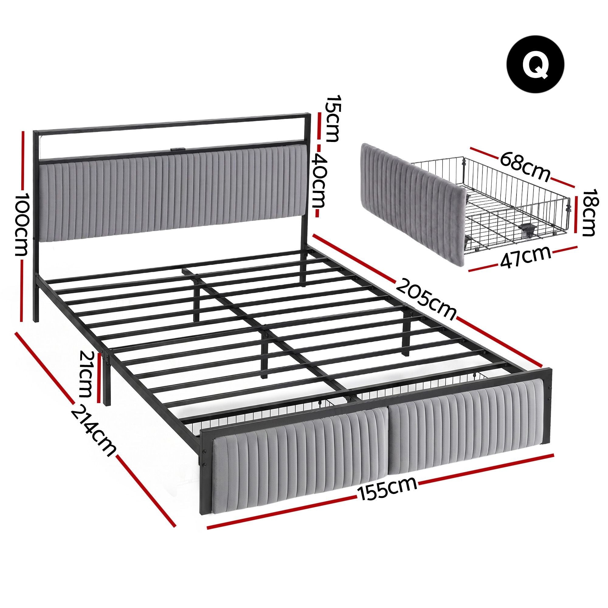 Metal Bed Frame Queen Size LED Charging Station 2 Drawers - Furniture > Bedroom > Beds & Bed Frames - Rivercity House & Home Co. (ABN 18 642 972 209) - Affordable Modern Furniture Australia