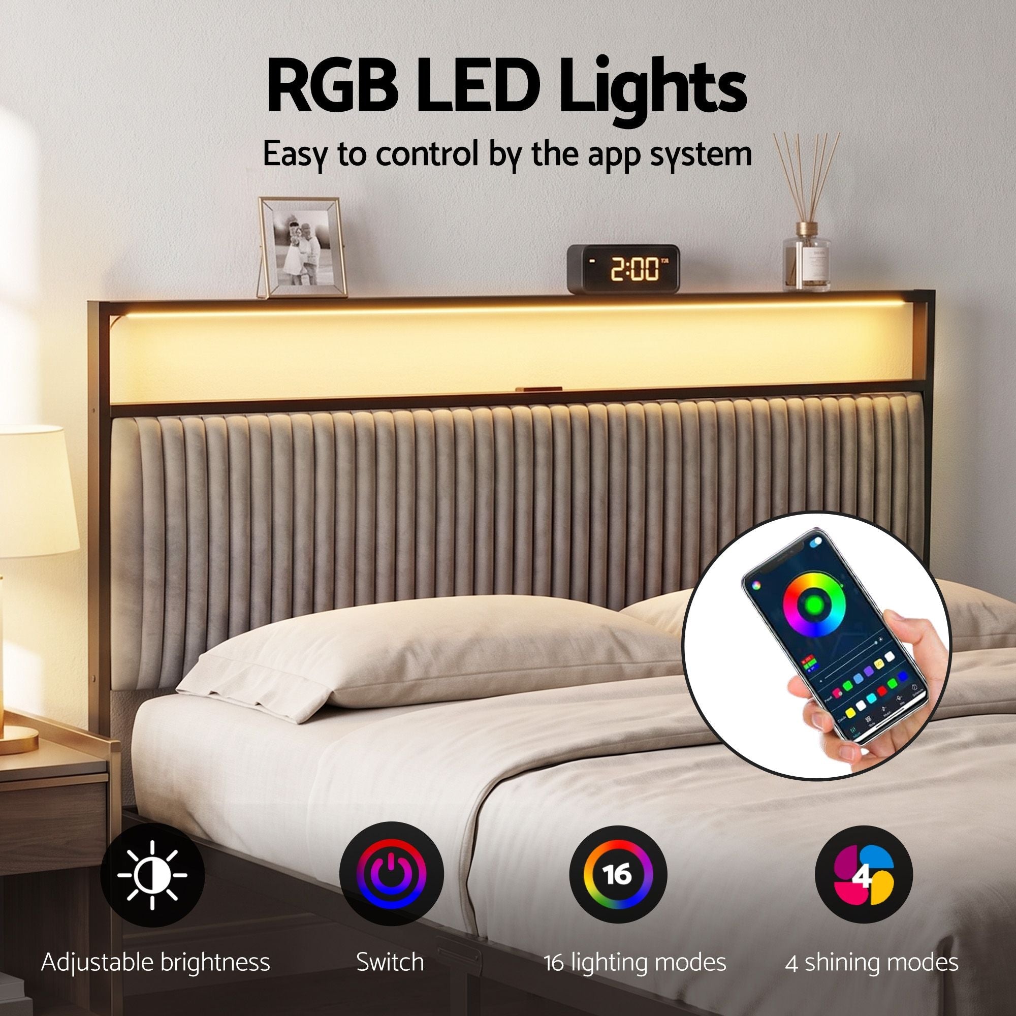 Metal Bed Frame Queen Size LED Charging Station 2 Drawers - Furniture > Bedroom > Beds & Bed Frames - Rivercity House & Home Co. (ABN 18 642 972 209) - Affordable Modern Furniture Australia