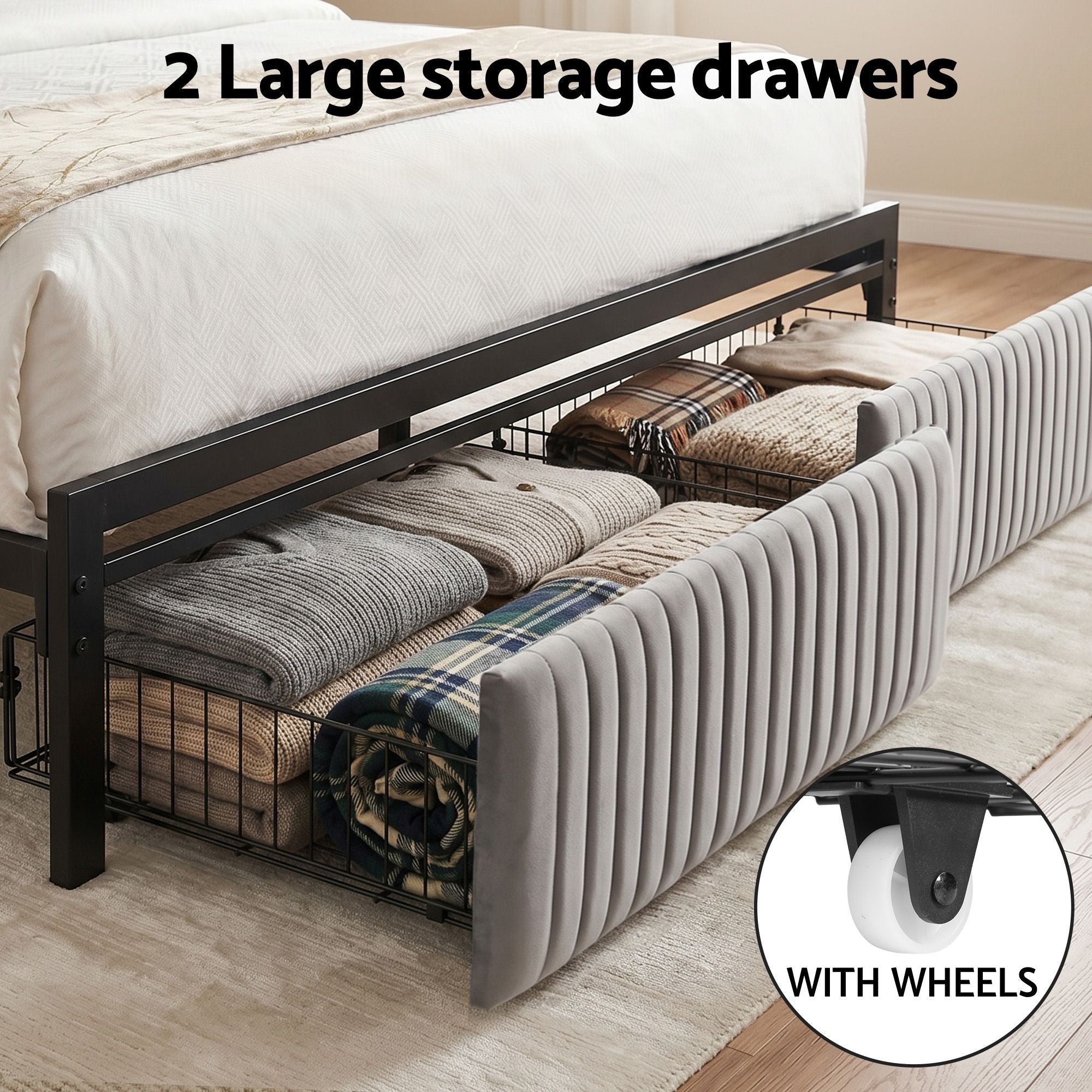 Metal Bed Frame Queen Size LED Charging Station 2 Drawers - Furniture > Bedroom > Beds & Bed Frames - Rivercity House & Home Co. (ABN 18 642 972 209) - Affordable Modern Furniture Australia