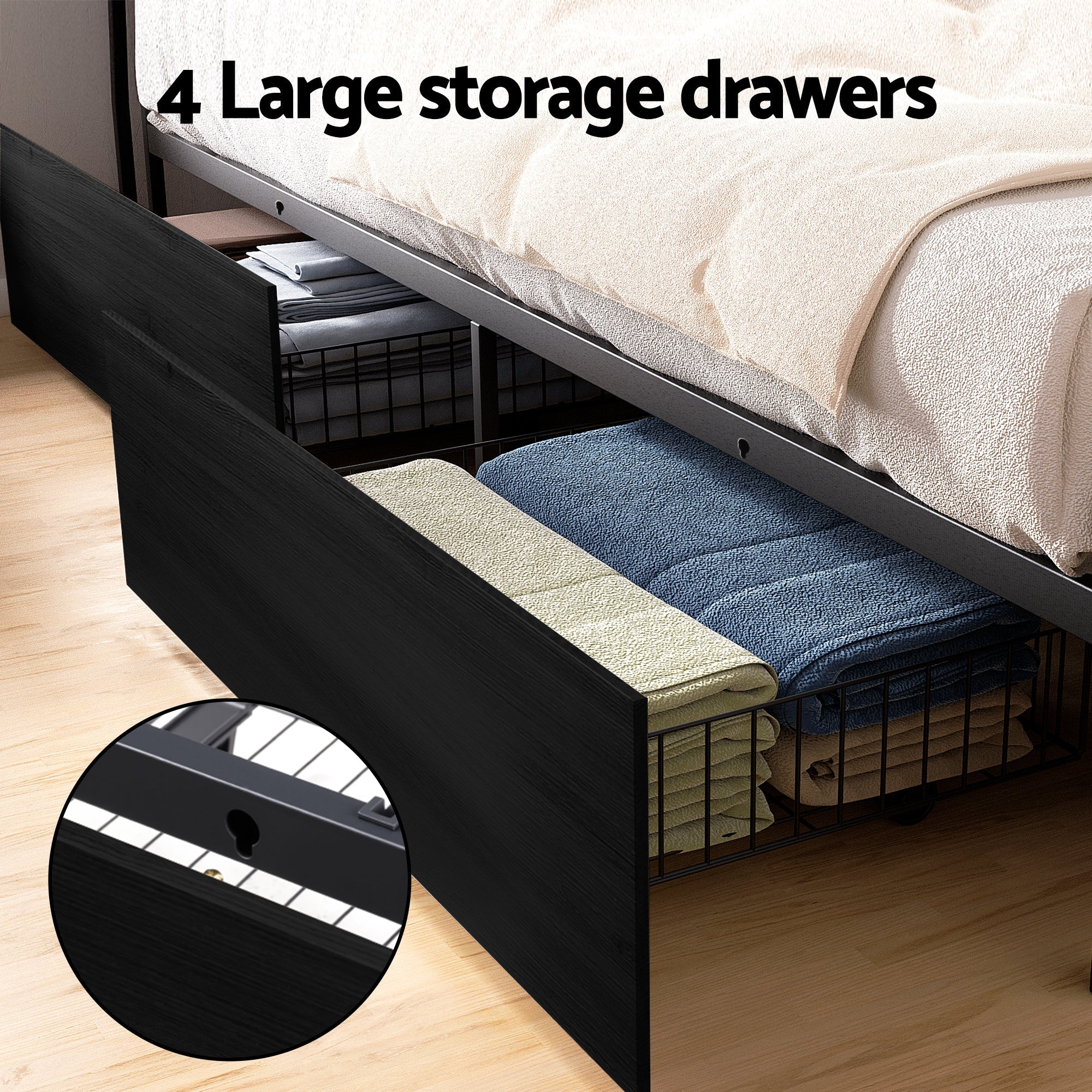 Metal Bed Frame Queen Size Storage Headboard Charge Station LED 4 Drawers - Furniture > Bedroom > Beds & Bed Frames - Rivercity House & Home Co. (ABN 18 642 972 209) - Affordable Modern Furniture Australia