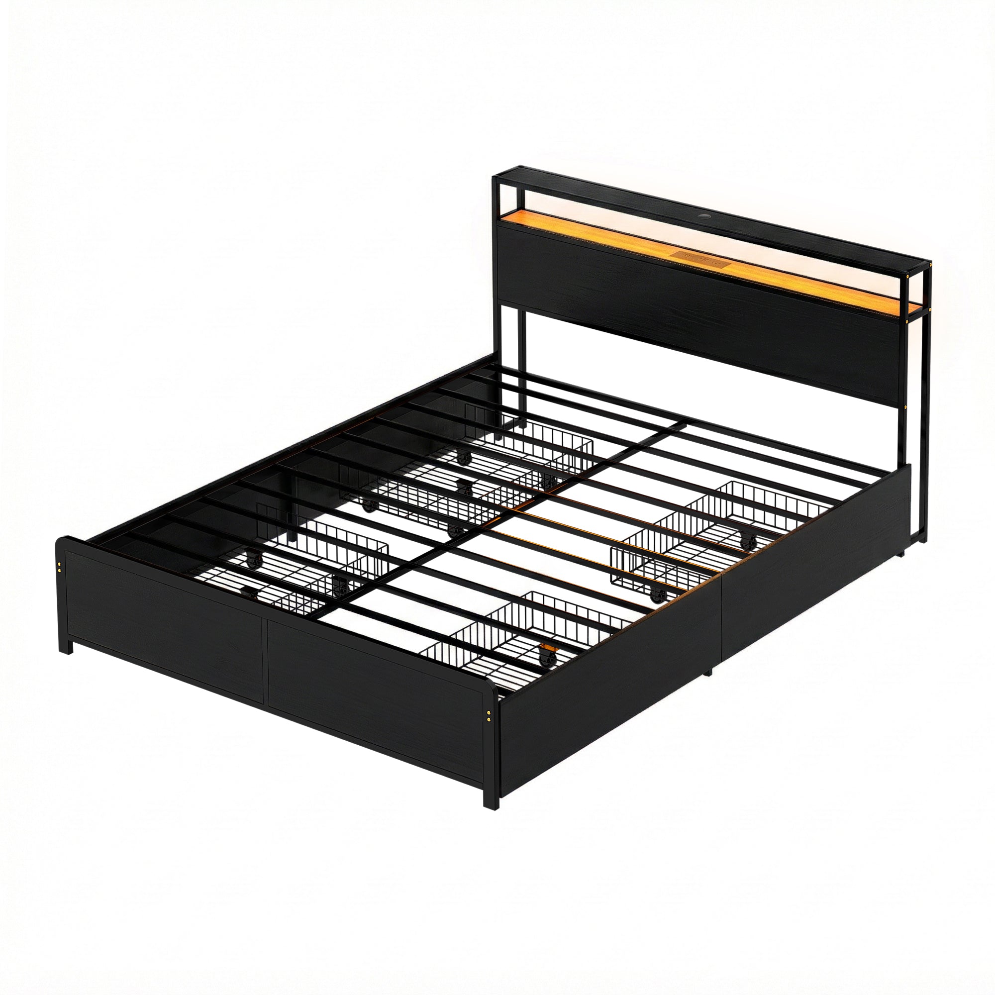 Metal Bed Frame Queen Size Storage Headboard Charge Station LED 4 Drawers - Furniture > Bedroom > Beds & Bed Frames - Rivercity House & Home Co. (ABN 18 642 972 209) - Affordable Modern Furniture Australia