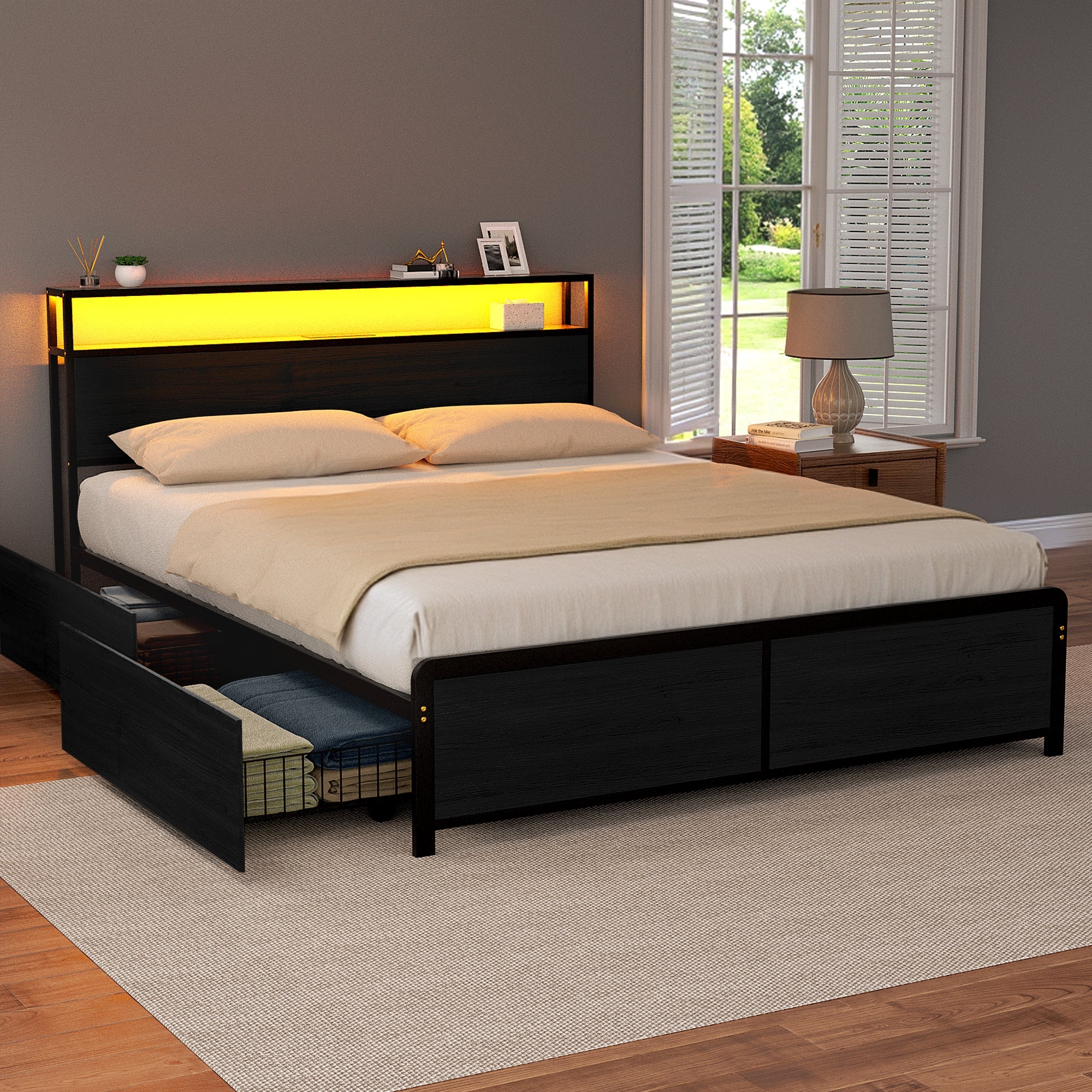 Metal Bed Frame Queen Size Storage Headboard Charge Station LED 4 Drawers - Furniture > Bedroom > Beds & Bed Frames - Rivercity House & Home Co. (ABN 18 642 972 209) - Affordable Modern Furniture Australia