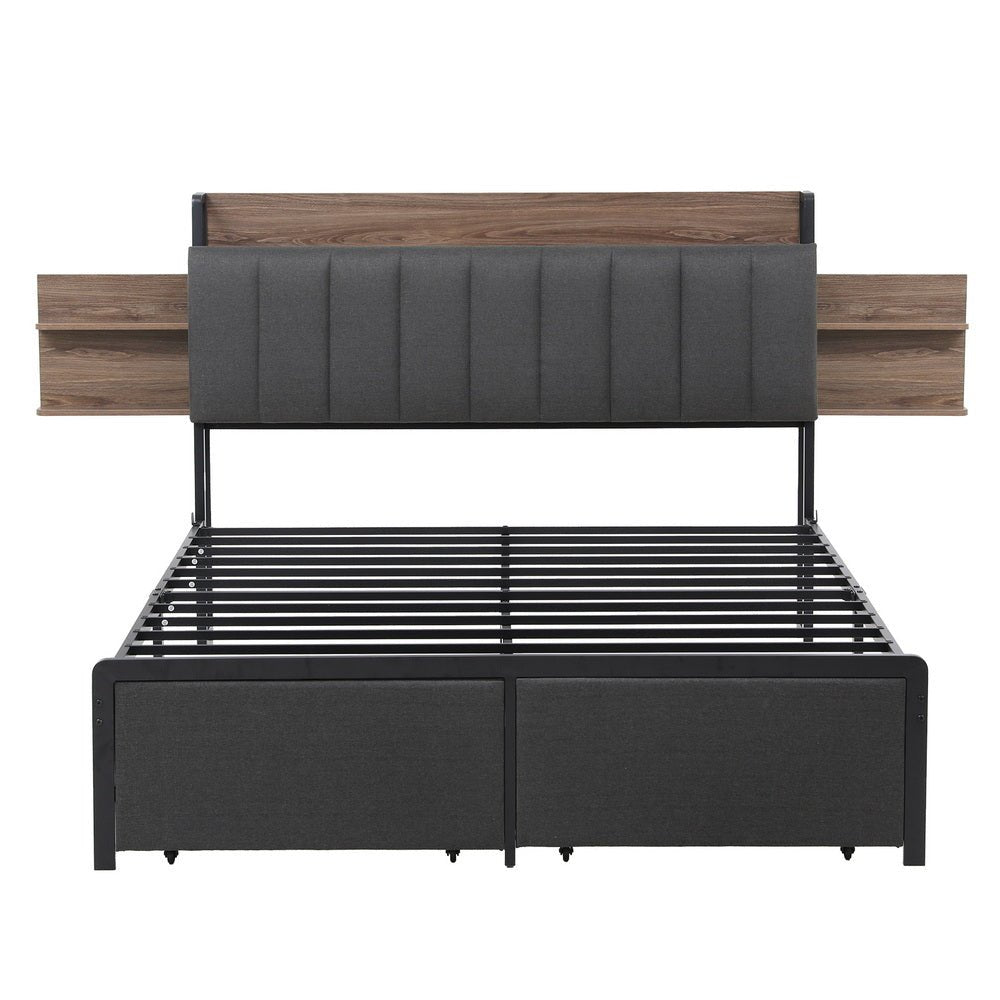 Metal Bed Frame Queen Size with 2 - Tier Hidden Storage with Charging Station - Furniture > Bedroom > Beds & Bed Frames - Rivercity House & Home Co. (ABN 18 642 972 209) - Affordable Modern Furniture Australia