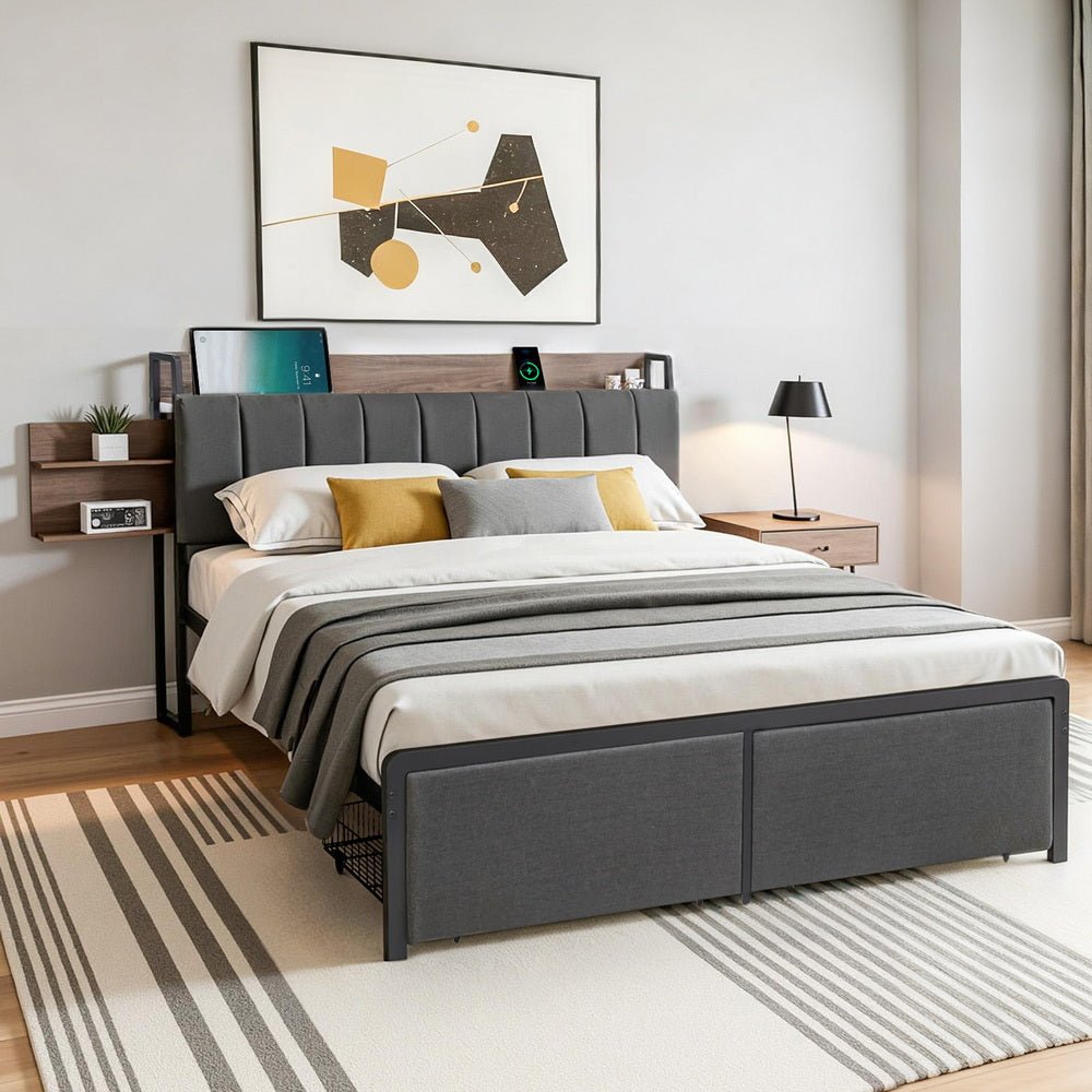 Metal Bed Frame Queen Size with 2 - Tier Hidden Storage with Charging Station - Furniture > Bedroom > Beds & Bed Frames - Rivercity House & Home Co. (ABN 18 642 972 209) - Affordable Modern Furniture Australia