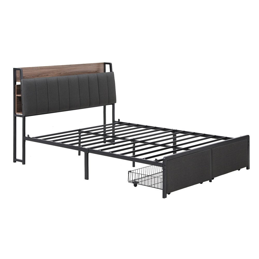 Metal Bed Frame Queen Size with 2 - Tier Hidden Storage with Charging Station - Furniture > Bedroom > Beds & Bed Frames - Rivercity House & Home Co. (ABN 18 642 972 209) - Affordable Modern Furniture Australia
