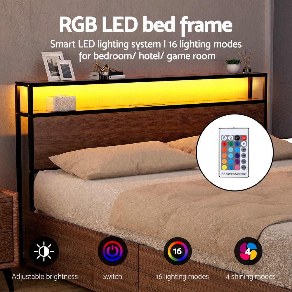 Metal Bed Frame Queen Size with 2 - Tier Storage Headboard Metal Platform with 4 Storage Drawers Built in Charging Station & LED Noise - Free/Metal Support/No Box Spring Needed Vintage Brown - Furniture > Bedroom > Beds & Bed Frames - Rivercity House & Home Co. (ABN 18 642 972 209) - Affordable Modern Furniture Australia