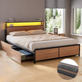 Sky Queen LED Bed Frame with Storage Drawers & Charging Ports – Black & Brown