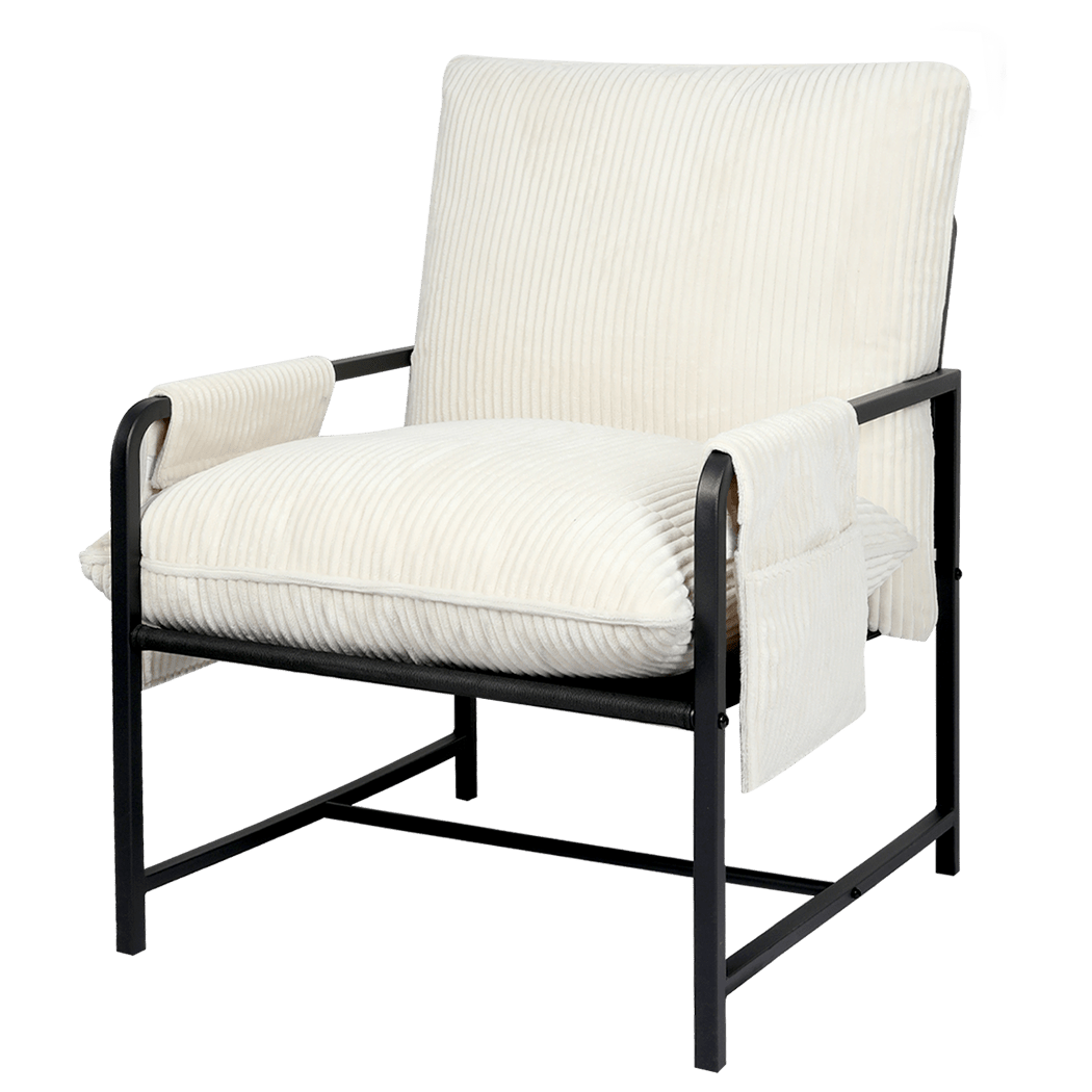 Metal Framed Corduroy Lounge Chair with Storage Bags - Beige - Rivercity House & Home Co. (ABN 18 642 972 209) - Affordable Modern Furniture Australia