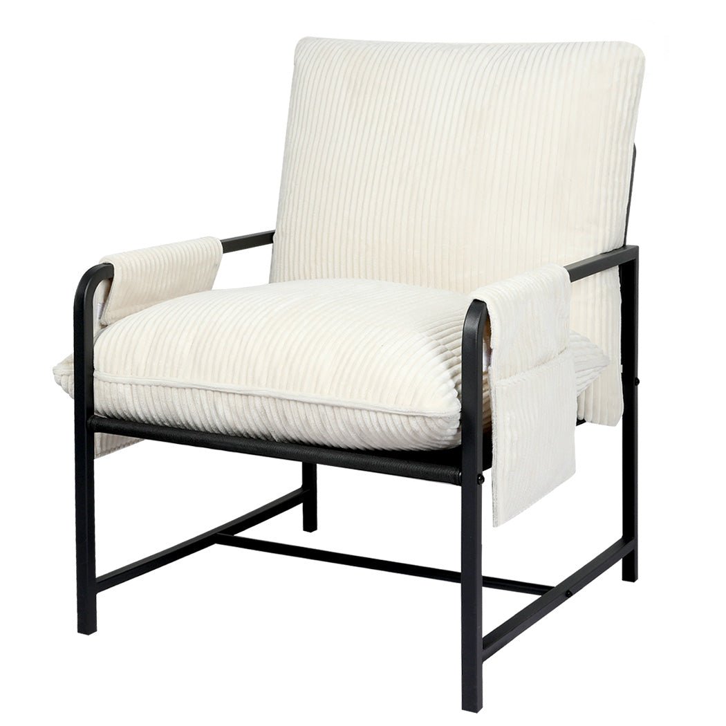 Metal Framed Corduroy Lounge Chair with Storage Bags - Beige - Rivercity House & Home Co. (ABN 18 642 972 209) - Affordable Modern Furniture Australia
