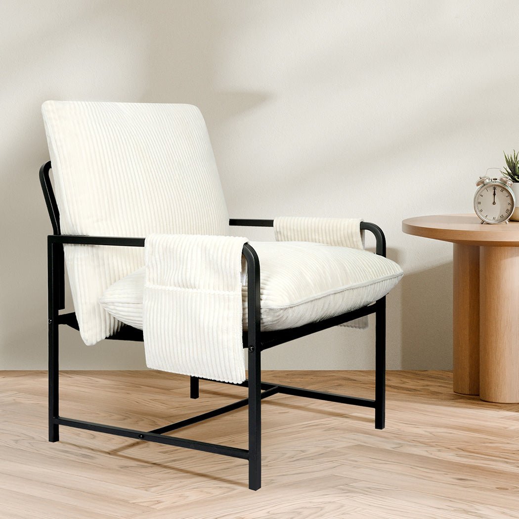 Metal Framed Corduroy Lounge Chair with Storage Bags - Beige - Rivercity House & Home Co. (ABN 18 642 972 209) - Affordable Modern Furniture Australia