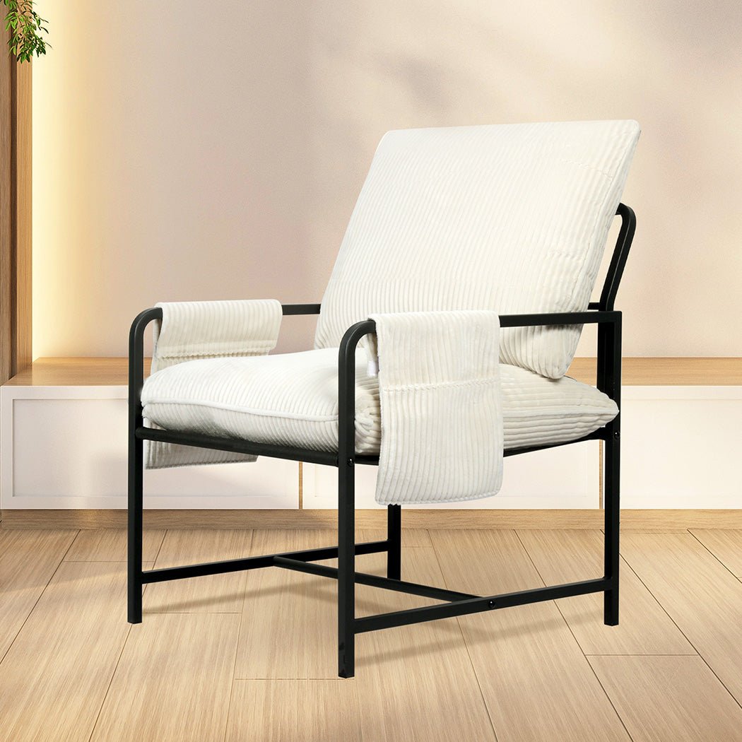 Metal Framed Corduroy Lounge Chair with Storage Bags - Beige - Rivercity House & Home Co. (ABN 18 642 972 209) - Affordable Modern Furniture Australia
