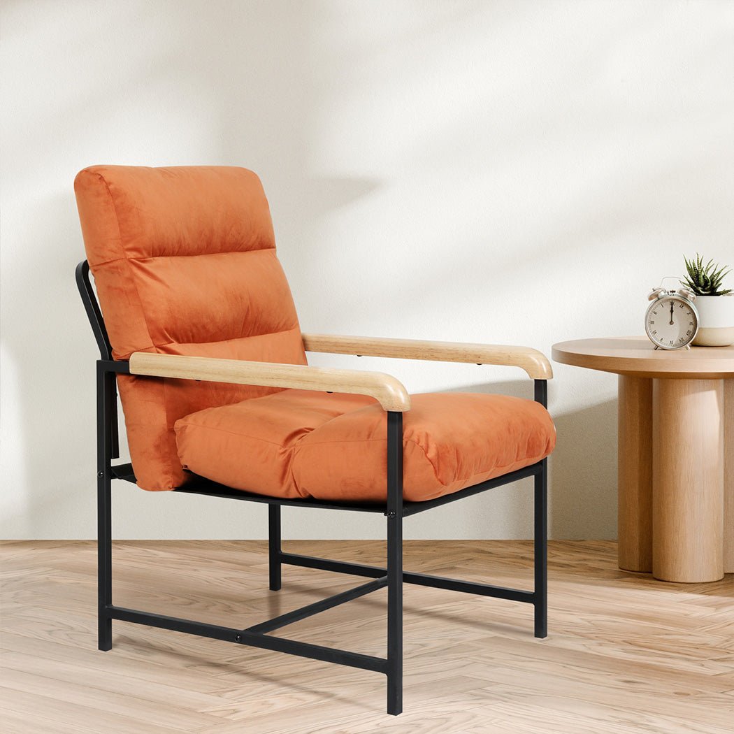Metal Framed Velvet Lounge Chair with Zipper Cushion - Burnt Orange - Rivercity House & Home Co. (ABN 18 642 972 209) - Affordable Modern Furniture Australia