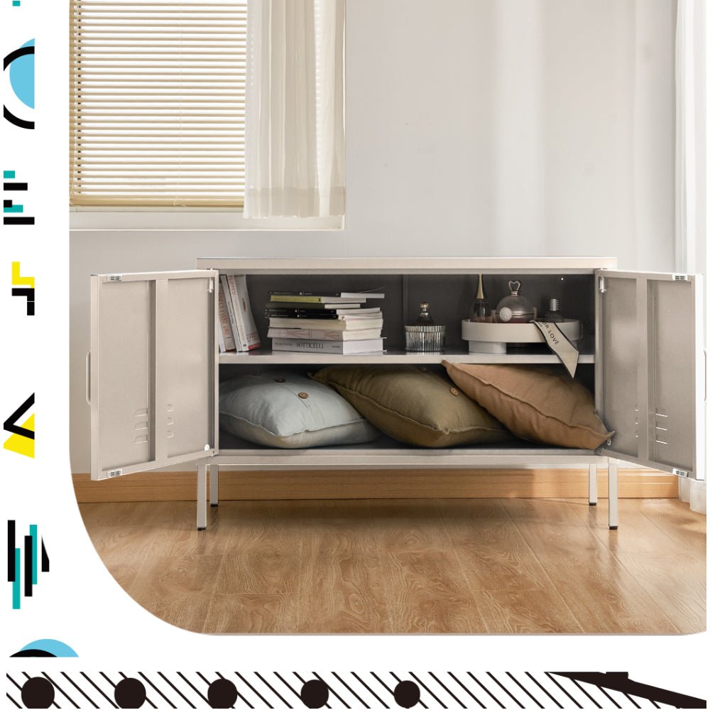 Metal Locker Style Buffet Sideboard Storage Cabinet - White - Furniture > Living Room - Rivercity House & Home Co. (ABN 18 642 972 209) - Affordable Modern Furniture Australia