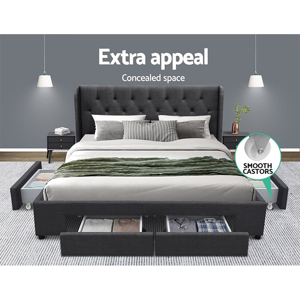 Mila King Size Bed Frame with 4 Drawers - Charcoal - Furniture > Bedroom > Beds & Bed Frames - Rivercity House & Home Co. (ABN 18 642 972 209) - Affordable Modern Furniture Australia