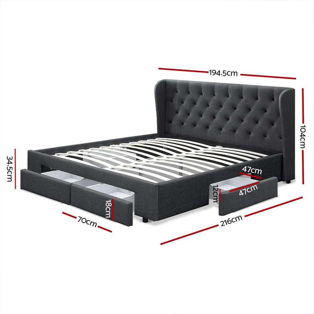 Mila King Size Bed Frame with 4 Drawers - Charcoal - Furniture > Bedroom > Beds & Bed Frames - Rivercity House & Home Co. (ABN 18 642 972 209) - Affordable Modern Furniture Australia