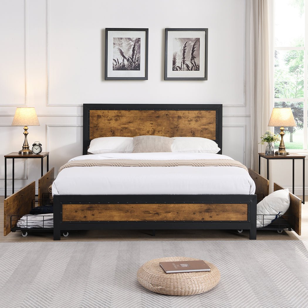 Millhouse Industrial Queen Bed Frame with Storage Drawers – Brown - Rivercity House & Home Co. (ABN 18 642 972 209) - Affordable Modern Furniture Australia
