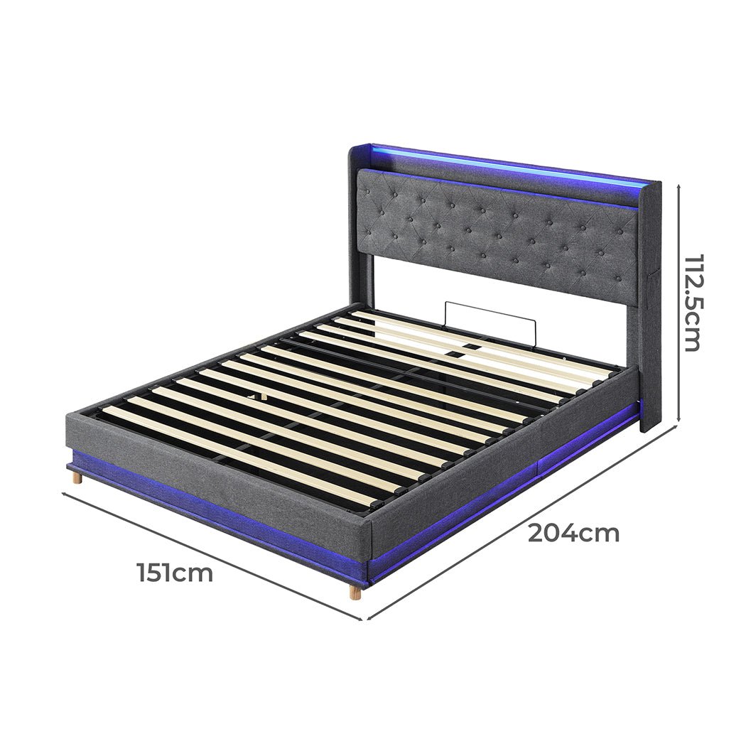Mitchell Double LED Gas Lift Storage Bed – Grey - Rivercity House & Home Co. (ABN 18 642 972 209) - Affordable Modern Furniture Australia
