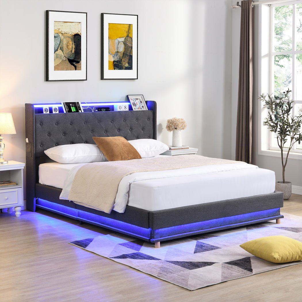 Mitchell Queen LED Gas Lift Storage Bed – Grey - Rivercity House & Home Co. (ABN 18 642 972 209) - Affordable Modern Furniture Australia