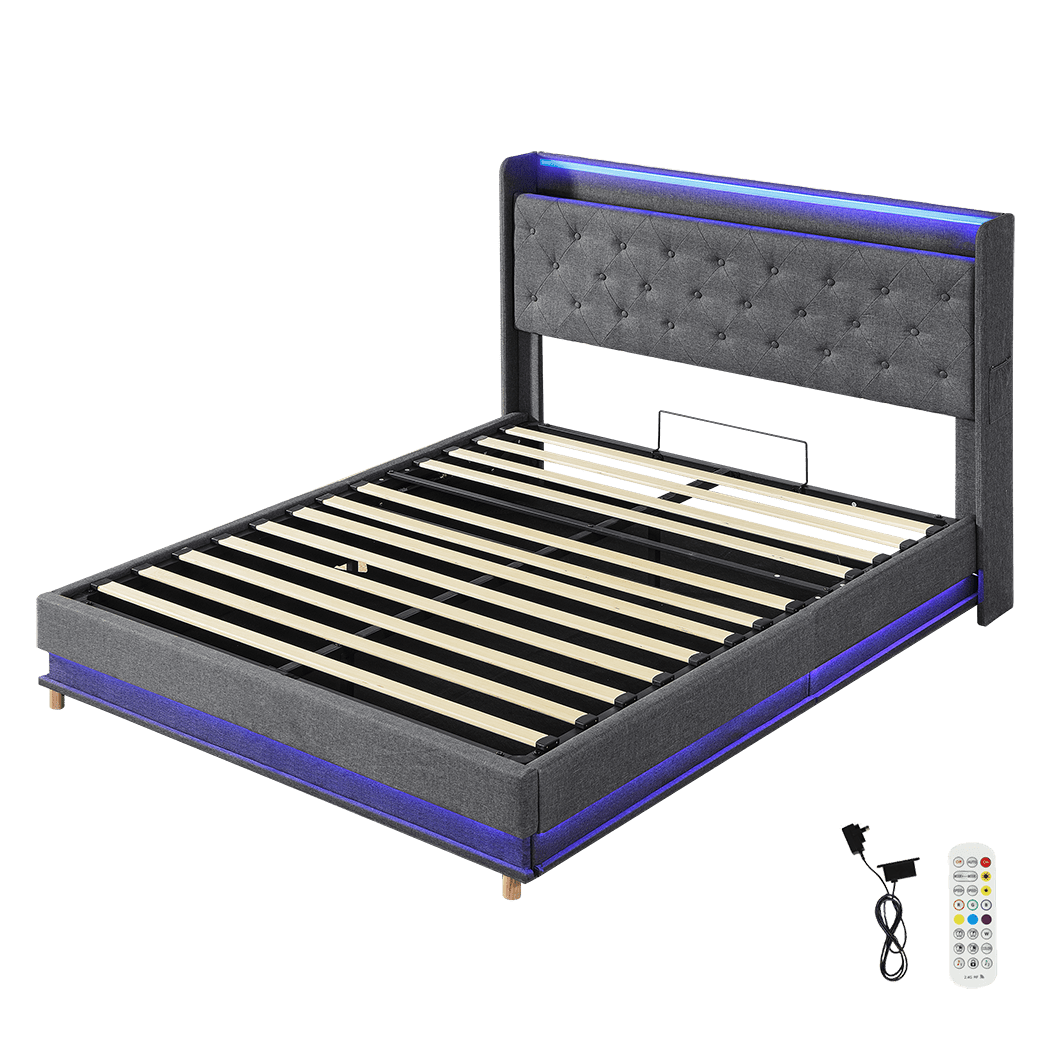 Mitchell Queen LED Gas Lift Storage Bed – Grey - Rivercity House & Home Co. (ABN 18 642 972 209) - Affordable Modern Furniture Australia