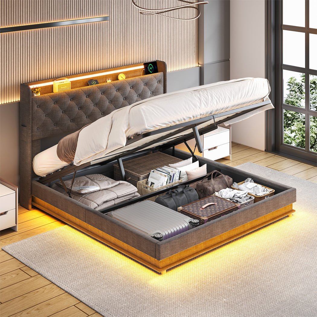 Mitchell Queen LED Gas Lift Storage Bed – Grey - Rivercity House & Home Co. (ABN 18 642 972 209) - Affordable Modern Furniture Australia