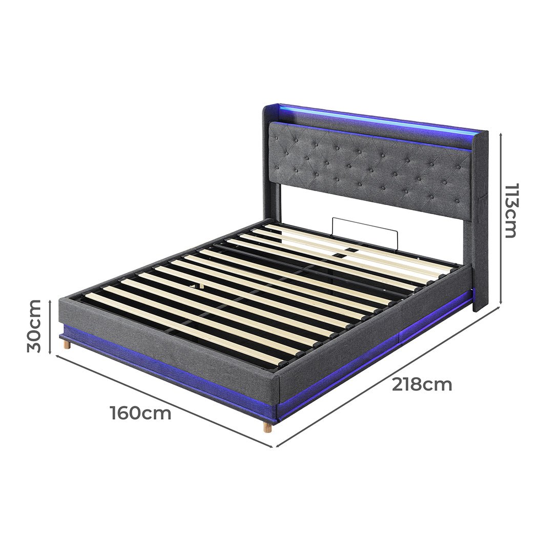 Mitchell Queen LED Gas Lift Storage Bed – Grey - Rivercity House & Home Co. (ABN 18 642 972 209) - Affordable Modern Furniture Australia