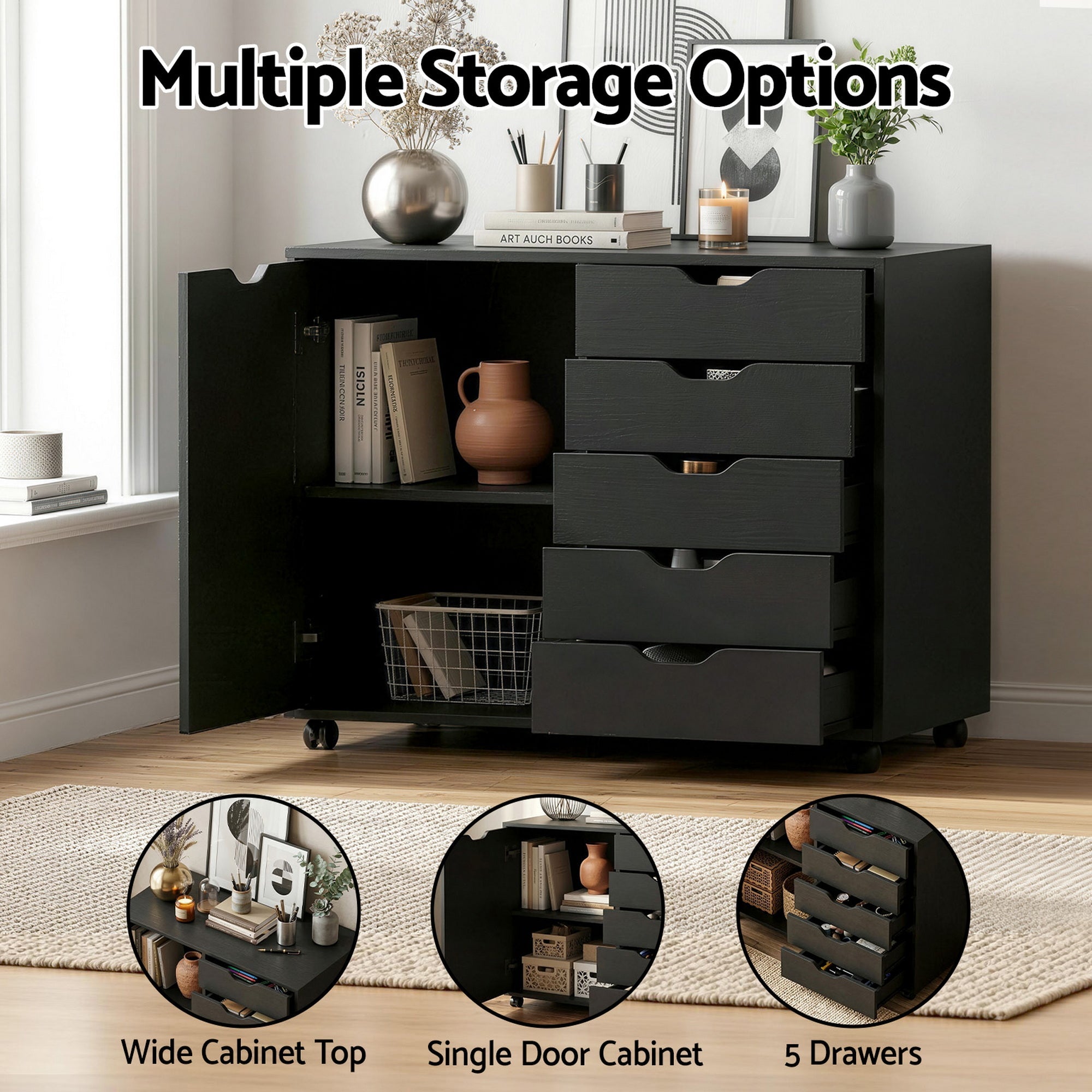 Mobile Filing Cabinet 5 Drawer with Door Modern Storage Cabinet Printer Stand - Furniture > Office > Storage Cabinets - Rivercity House & Home Co. (ABN 18 642 972 209) - Affordable Modern Furniture Australia