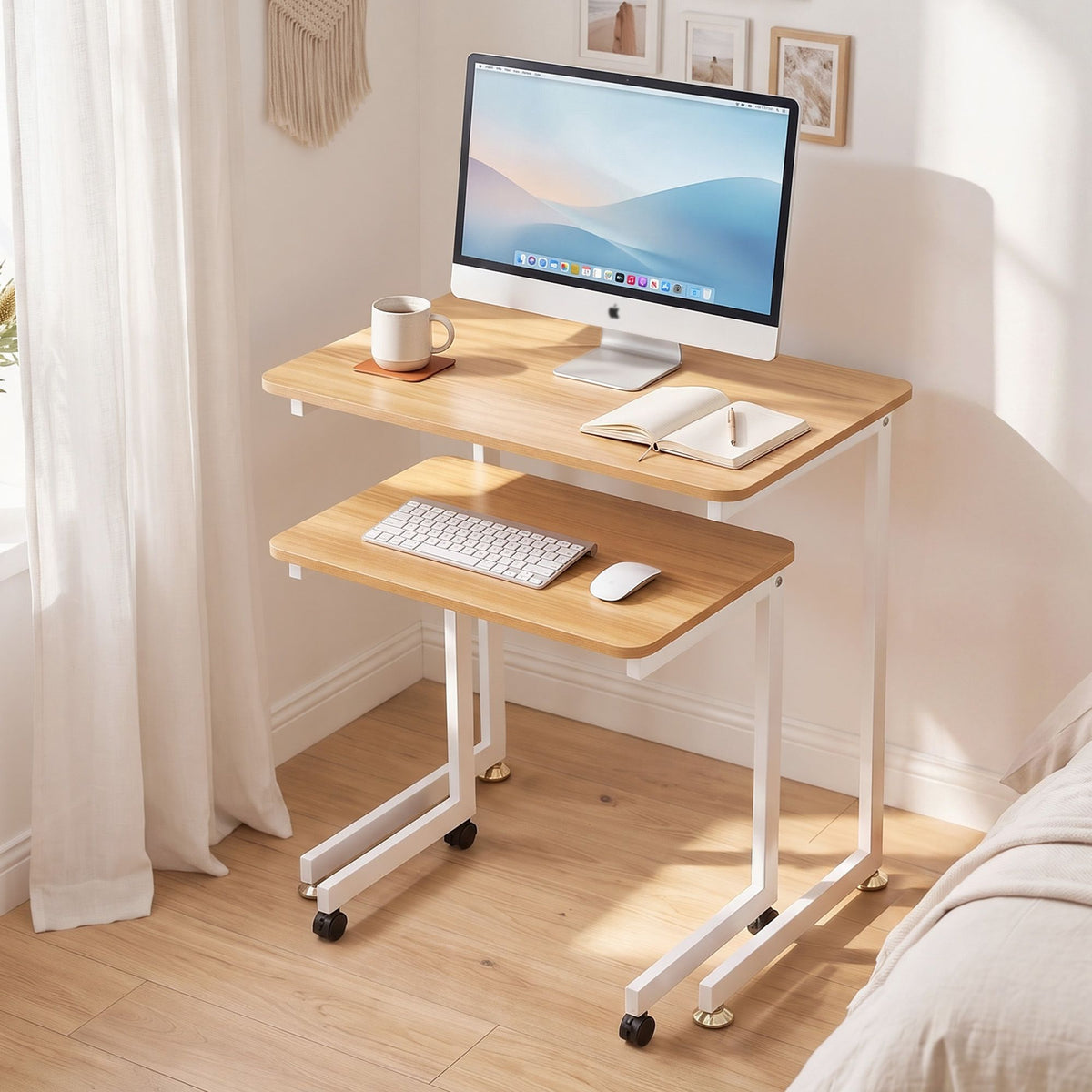 Mobile Laptop Desk Set 2-in-1 C-Shaped Nesting Table - Oak - Furniture > Office > Desks - Rivercity House & Home Co. (ABN 18 642 972 209) - Affordable Modern Furniture Australia