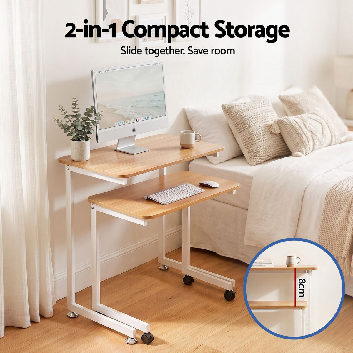 Mobile Laptop Desk Set 2-in-1 C-Shaped Nesting Table - Oak - Furniture > Office > Desks - Rivercity House & Home Co. (ABN 18 642 972 209) - Affordable Modern Furniture Australia