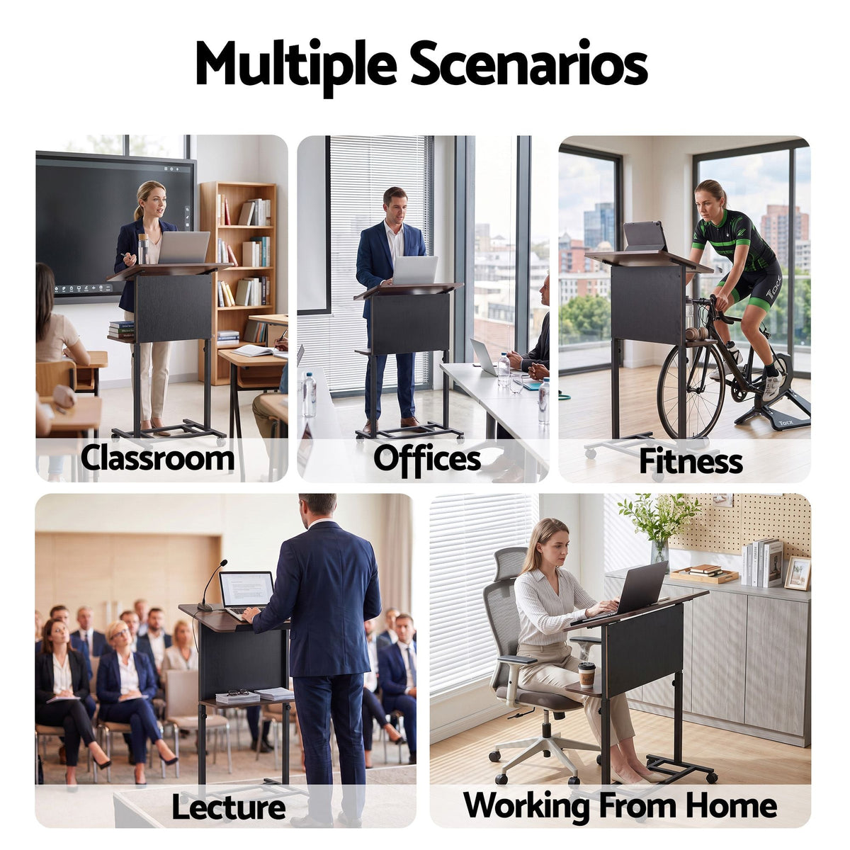 Mobile Lectern Podium Stand with Storage Shelf and Height Adjustable Laptop Desk - Black & Walnut - Furniture > Office > Desks - Rivercity House & Home Co. (ABN 18 642 972 209) - Affordable Modern Furniture Australia