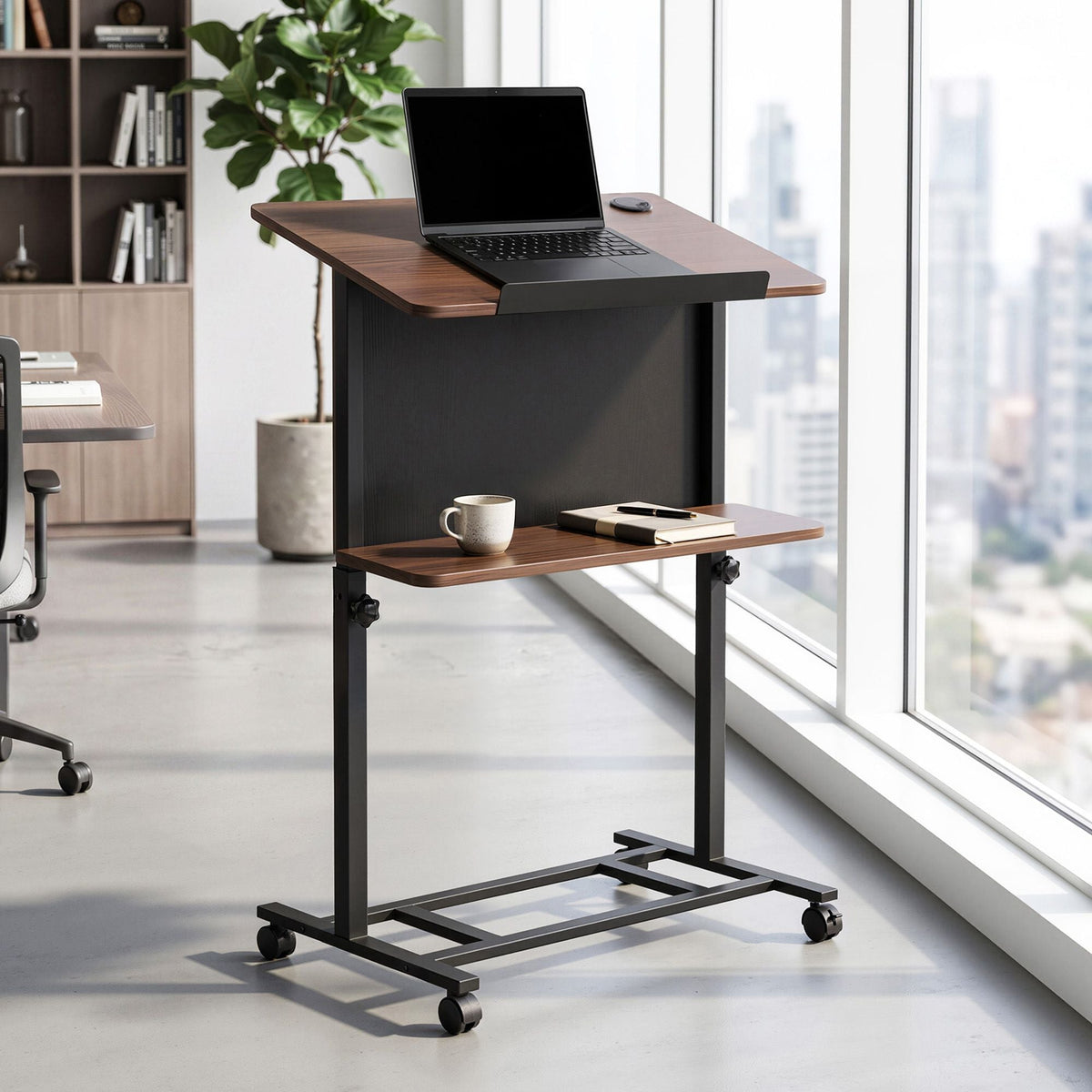 Mobile Lectern Podium Stand with Storage Shelf and Height Adjustable Laptop Desk - Black & Walnut - Furniture > Office > Desks - Rivercity House & Home Co. (ABN 18 642 972 209) - Affordable Modern Furniture Australia